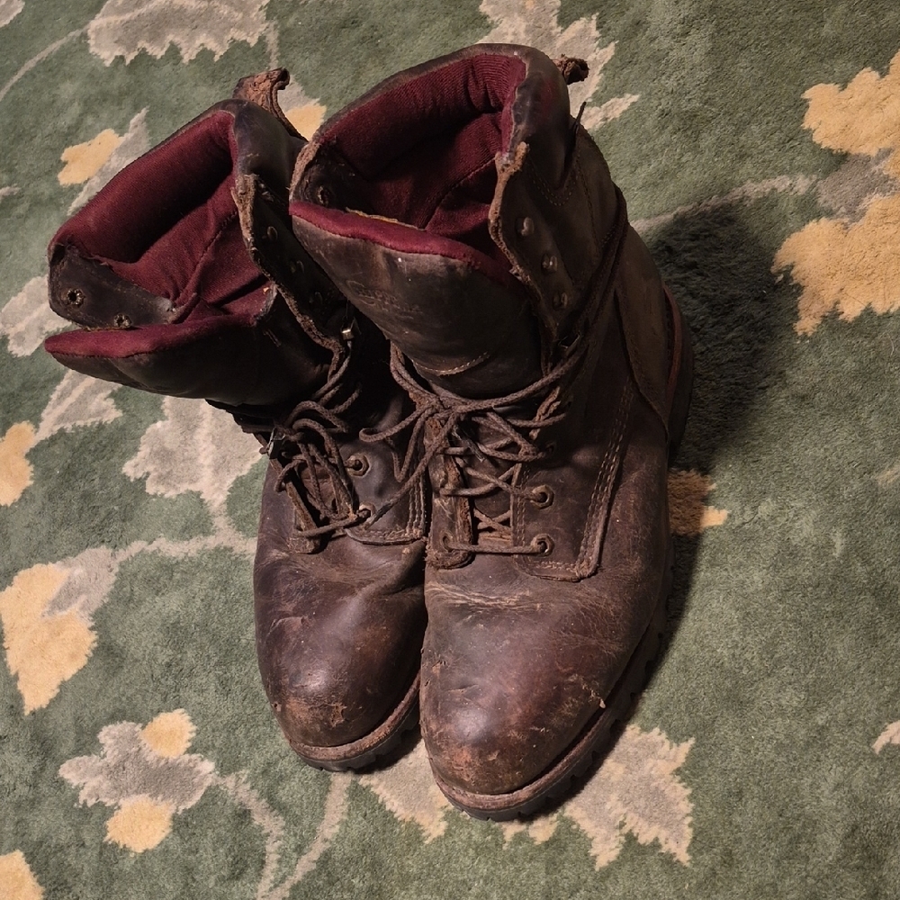 Chippewa Brown Leather Work Boots with Burgundy Liner